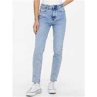 Light blue stretch jeans with a slim fit, mid-rise waist, and classic five-pocket design, worn with white sneakers.