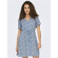Provincial blue short dress with floral pattern, V-neck, short sleeves, and waist tie.