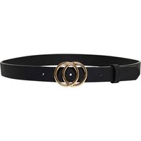 Black faux leather belt with gold double-ring buckle, medium size.