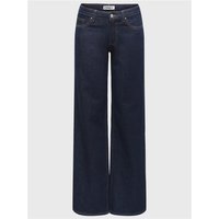 Dark blue denim low waist wide leg jeans with front pockets and button closure.