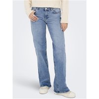 Light blue low waist wide leg jeans with a relaxed fit, worn with a cream sweater and white sneakers.