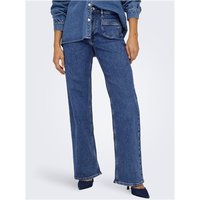 Dark blue denim wide leg jeans with high waist, button fly, and front pockets, styled with matching denim top.