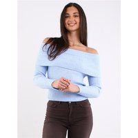 Kentucky blue off-shoulder knit sweater with wide fold-over neckline and long sleeves.