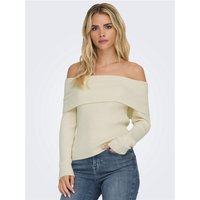White off-shoulder knit top with wide folded neckline, long sleeves, and fitted design.