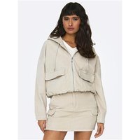 Pumice Stone cord jacket with long sleeves, front zipper, large pockets, and drawstring hood, size XS.