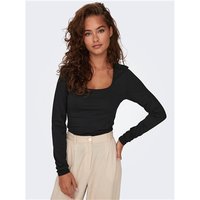 Black 2-way deep neck top, long sleeves, fitted style, worn by model with beige pants.