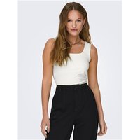 White sleeveless fitted top with square neckline, worn by model, paired with black high-waisted pants.