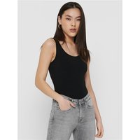 Black tank top with scoop neckline, medium size, worn by model with long hair, paired with light gray jeans.
