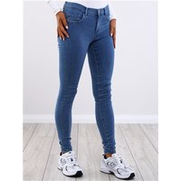 Blue skinny fit jeans with medium blue denim, featuring a classic five-pocket design and button closure.