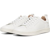 White polyurethane women's trainers with lace-up front, perforated side details, and tan interior accents.