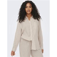 Cream-colored long-sleeve linen blend shirt with button-down front and relaxed fit, worn by a model.