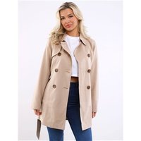 Ginger root trenchcoat with double-breasted buttons, wide lapels, and waist belt, worn by a model over casual attire.