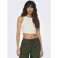 White cropped tank top with a high neckline and sleeveless design, worn by a model with dark hair.