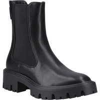 Black leather ankle boot with chunky sole, elastic side panels, and pull tab at the back.