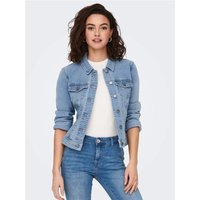 Blue denim jacket with button front, chest pockets, and fitted design, worn by a model with rolled-up sleeves.