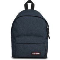 Denim Eastpak Orbit small backpack with front pocket, black handle at right front, and Eastpak logo on front right corner.