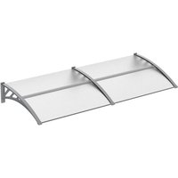 Curved polycarbonate door canopy awning, 120cm x 60cm, clear panels with silver frame and support brackets.