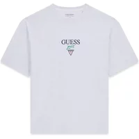 White oversized T-shirt with Guess Baker logo in black and green on the front.