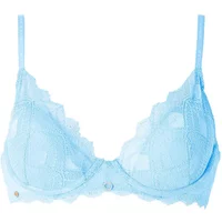 Light blue padded bra with lace detailing and adjustable straps, Morgan Céleste design.