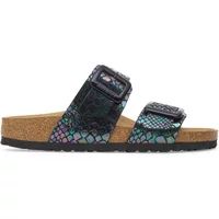 Black iridescent padded buckle sandals with cork sole and synthetic straps, Birkenstock Sydney style.