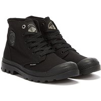 Black Palladium high-top boots with canvas upper, rubber sole, and lace-up front, featuring logo patch on the side.
