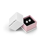 Pandora sterling silver star stud earrings in pink gift box with black interior.