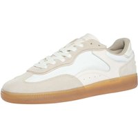 White and beige suede trainers with gum sole, white laces, and smooth leather accents.