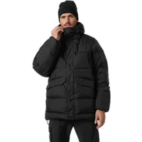 Black Helly Hansen Arctic parka with hood, front zipper, large pockets, and quilted design, worn by a model.