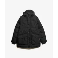 Black Superdry Expedition parka jacket with hood, quilted design, button closure, and front pockets.