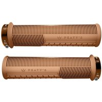 Gum-colored Peaty's Monarch Mushroom bike grips with ribbed texture and logo, thin design, and metal end caps.