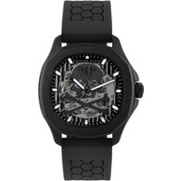 Black Philipp Plein Skeleton Spectre watch, automatic movement, black dial, skeleton design, black strap.