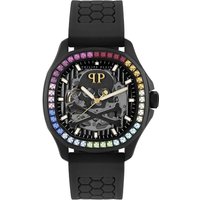 Black Philipp Plein Skeleton Spectre watch with rainbow crystal bezel, skeleton dial, and black rubber strap.
