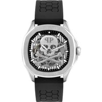 Philipp Plein Skeleton Spectre watch with silver dial, black strap, and visible gears in a stainless steel case.