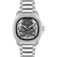 Silver Philipp Plein Skeleton Spectre men's watch with skull design, automatic movement, and metallic bracelet.