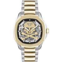 Gold and silver Philipp Plein Skeleton Spectre watch with skull design, two dials, and metallic bracelet.