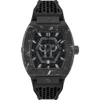 Black Philipp Plein men's watch with hexagon dial, silver markers, and textured black strap.