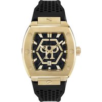 Gold-tone Philipp Plein men's watch with hexagon black dial, gold markers, and black perforated strap.