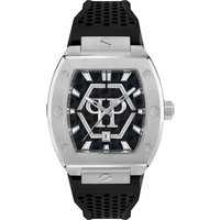 Black dial men's watch with hexagon design, silver accents, and black perforated strap by Philipp Plein.