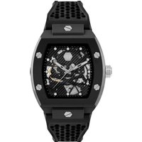 Black Philipp Plein automatic men's watch with skeleton dial, hexagonal details, and black perforated strap.