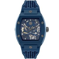 Blue Philipp Plein automatic watch with skeleton dial, ecoceramic case, and textured strap.