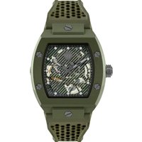 Green automatic watch with skeleton dial, ecoceramic case, and textured strap, featuring silver accents and screws.