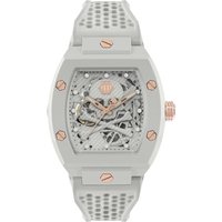 Philipp Plein grey automatic watch with skeleton dial, rose gold accents, and perforated ecoceramic strap.
