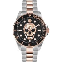 Philipp Plein men's watch, black dial with skull design, rose gold and silver bracelet, bold indices and logo.