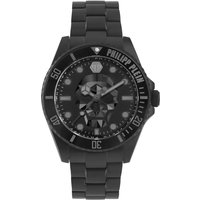 Black Philipp Plein men's watch with skull design on dial, black bracelet, and rotating bezel with white markers.