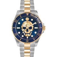 Two-tone Philipp Plein men's watch with blue dial, gold skull design, and silver-gold link bracelet.