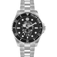 Silver men's watch with a black dial featuring a skull design, silver hour markers, and a metal link bracelet.