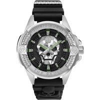 Black dial men's watch with skull design, silver bezel, and black strap, by Philipp Plein.