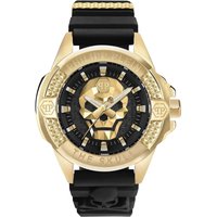 Black dial men's watch with gold skull design, gold bezel, and black strap, by Philipp Plein.