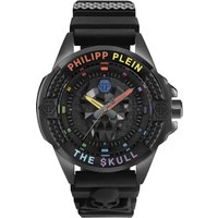Black Philipp Plein men's watch with skull design, colorful accents, and bold logo on bezel, black strap with skull detail.