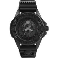 Black Philipp Plein men's watch with skull motif, textured dial, and black strap with skull detail.